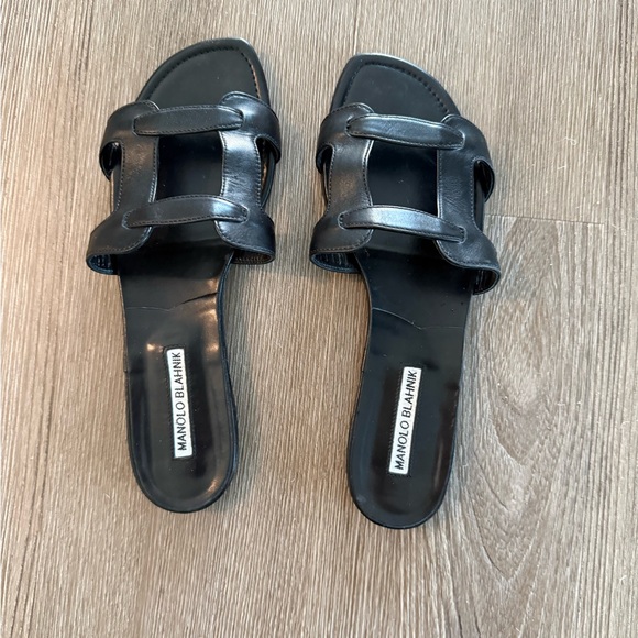 Manolo Blahnik Shoes - Manolo Blahnik Black Leather Slide Sandals